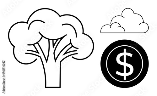 Black and white tree next to a dollar sign and clouds, suggesting environmental concerns and financial growth. Ideal for sustainability, finance, ecology, balance, green energy, environmental policy