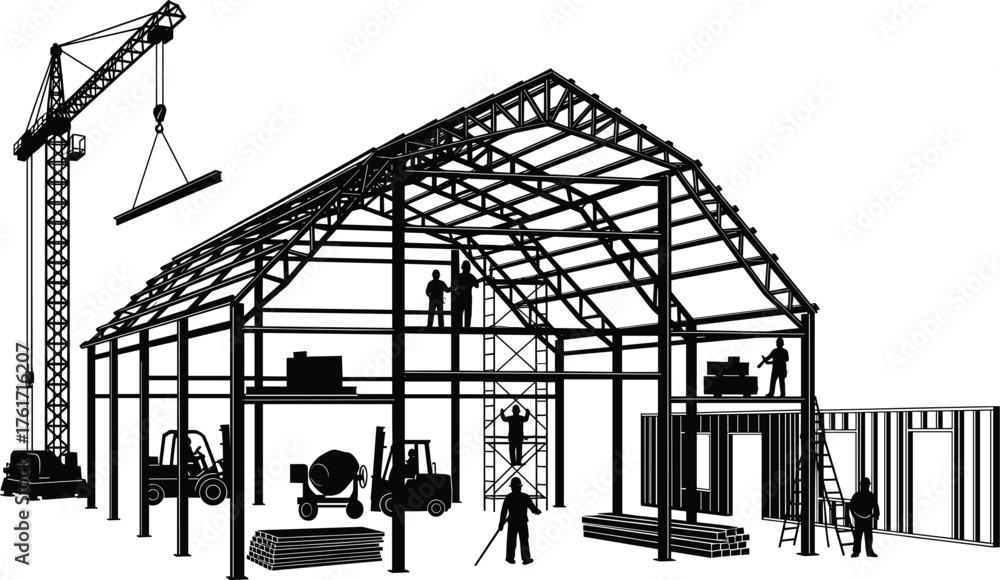 Naklejka premium Industrial construction site silhouette, workers building steel framework, crane lifting beam, forklifts operating, scaffolding setup, warehouse structure development, black and white vector