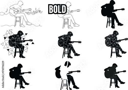 Guitar player vector, artistic styles, silhouette musician, abstract music design, creative pose, musical expression, modern illustration, conceptual art, sound waves, bold graphics