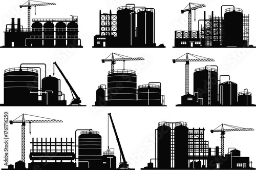 Industrial construction site silhouettes, refinery factory icons, crane and scaffolding vector set, black isolated shapes, engineering, architecture, petroleum, chemical, industry