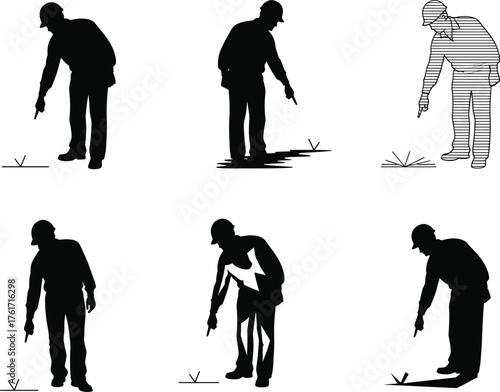 Silhouette man pointing at ground, tracking footprints, forensic investigation, outdoor terrain, search clues, vector illustration, black figure, mystery concept, marks