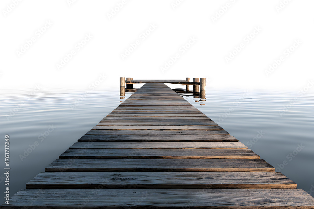 Fototapeta premium Wooden pier extending over calm lake with smooth water reflections, isolated on transparent background