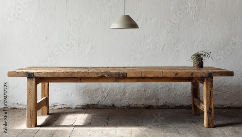 Rustic wooden table against a light wall