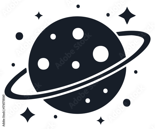 Stylized Planet with Rings and Stars Orbiting in Space Isolated Illustration