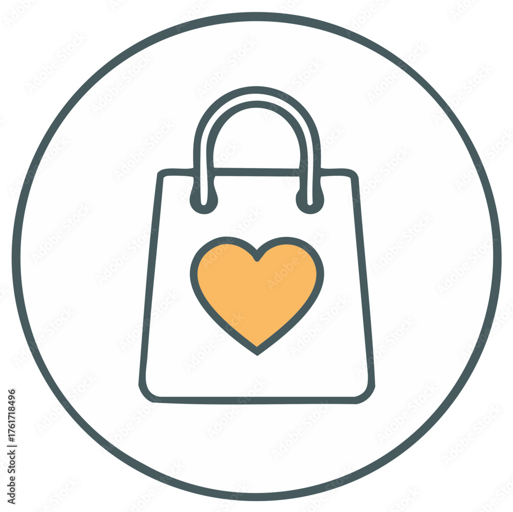 Shopping Bag with Heart Icon, Online Purchase Symbol, Minimalist Design, Circle Outline, Consumerism, Charity, Boutique, Present Shopping Bag with Heart Icon, Online Purchase Symbol, Minimalist Design, Circle Outline, Consumerism, Charity, Boutique, Present