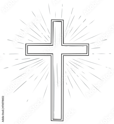 Christian Cross Outline with Rays of Light Illustration, Religious Symbol