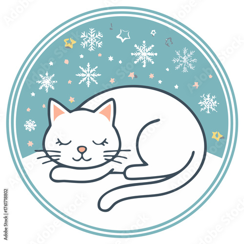 Adorable white cat sleeps peacefully surrounded by snowflakes and stars in winter.