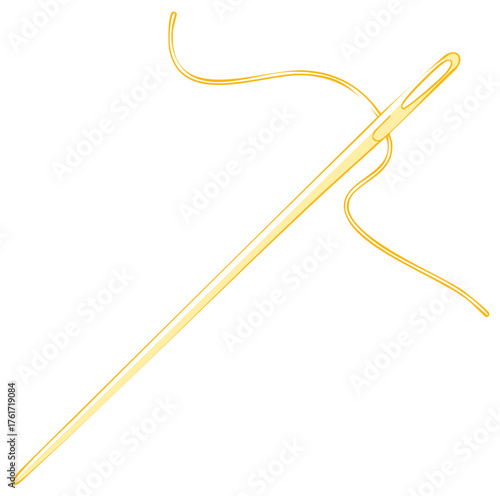 Golden sewing needle with yellow thread threaded through the eye crafting hobby supplies vector illustration