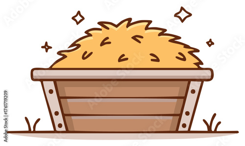 Fresh sparkling hay pile in a rustic wooden manger cartoon illustration