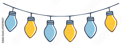 Festive string lights with blue and yellow bulbs hanging on a dark cord