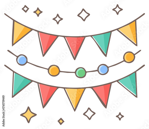 Festive Bunting Garlands and Decorative Stars Illustration for Celebrations and Parties