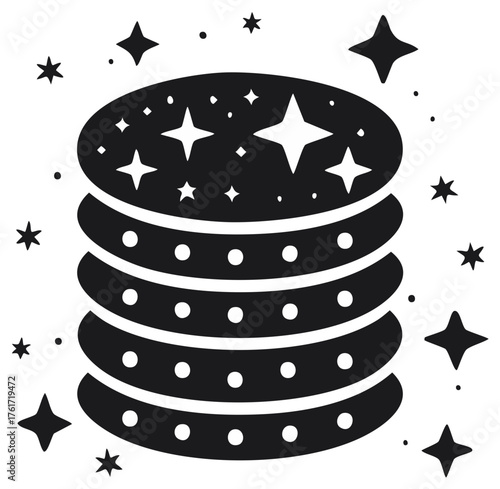 Black and White Shiny Stack of Disks with Sparkle Stars Cleanliness Symbol