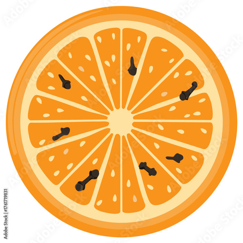Fresh orange slice with cloves, vibrant citrus fruit detail