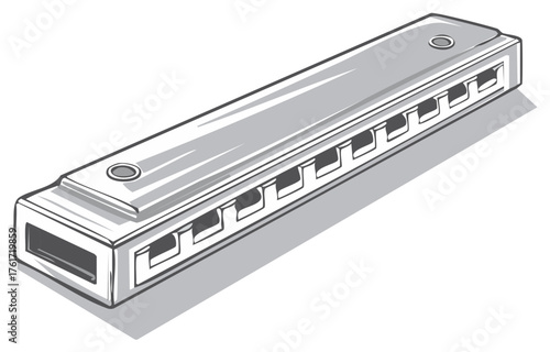 Harmonica musical instrument illustration with a drawn shadow in a simple gray scale style