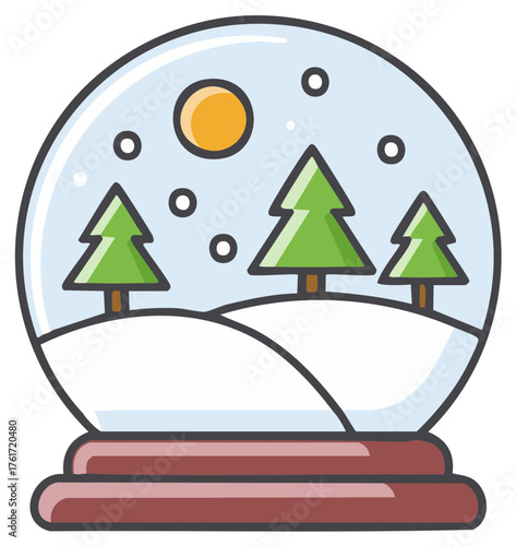 Cartoon illustration of a snow globe featuring snow, evergreen trees, and a sun.