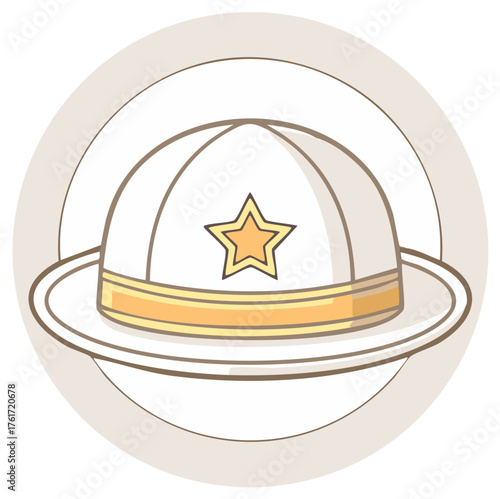Illustration of a white pith helmet with a yellow star and band