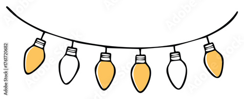Drawn string lights with yellow and white bulbs hanging from a curve