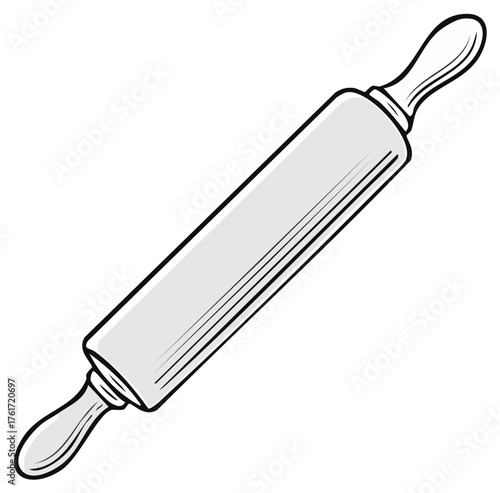 Simple black and white cartoon illustration of a classic wooden rolling pin for baking dough
