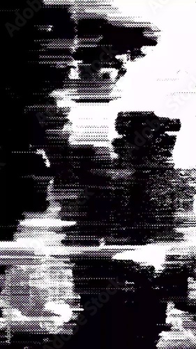 Abstract glitch art with monochrome textures and digital distortion