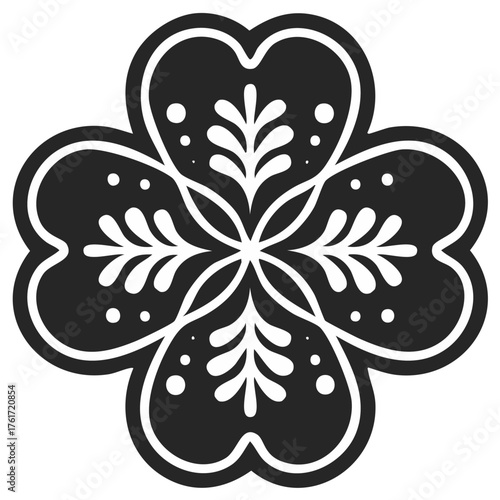 Black and white four leaf clover icon with ornamental folk art design symbol of good luck