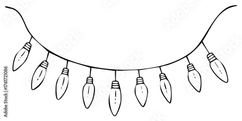 Hand drawn string of festive Christmas lights hanging in a garland black line art illustration