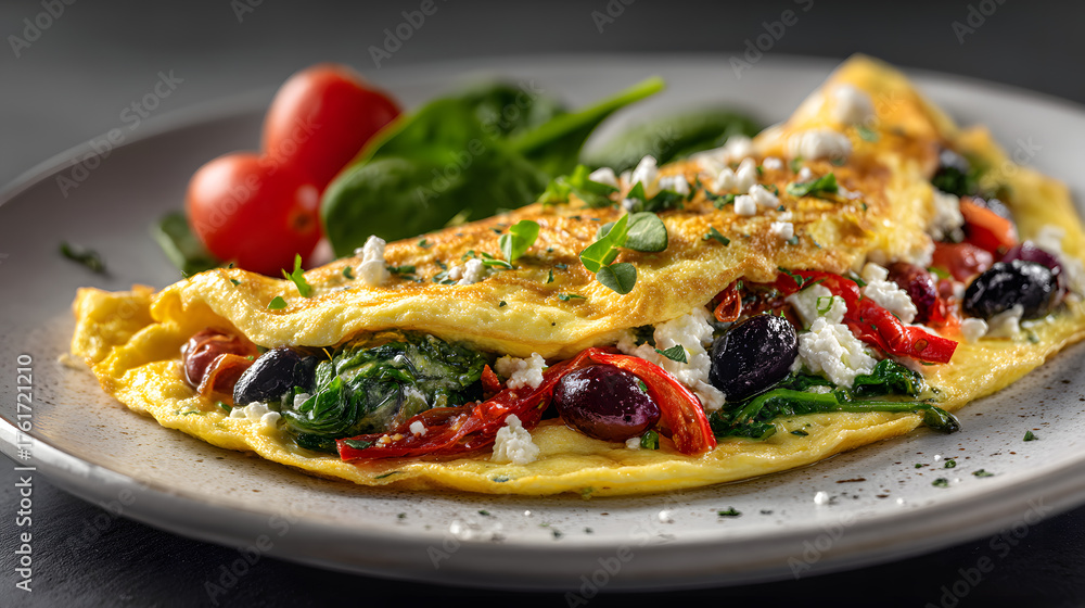 Fototapeta premium Mediterranean Omelette with Feta Cheese, Olives, Spinach, and Tomatoes for Healthy Meal
