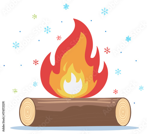Winter Bonfire Illustration Warm Flame and Falling Snowflakes Graphic Design