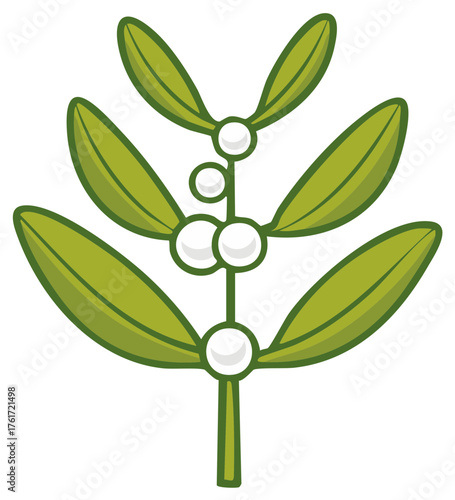 A simple cartoon illustration of a festive mistletoe sprig with white berries, a traditional Christmas symbol