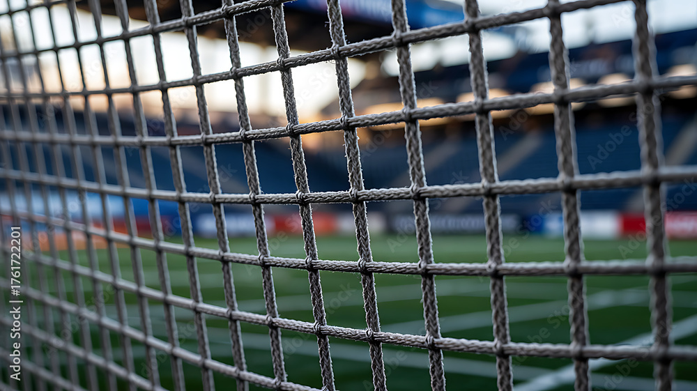 Obraz premium A closeup view of a soccer net, focusing on the intricate details of the mesh against the backdrop of a stadium field and blurred stands