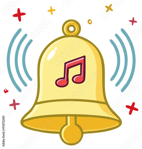 A bright yellow cartoon bell rings with a musical note symbol and sound waves