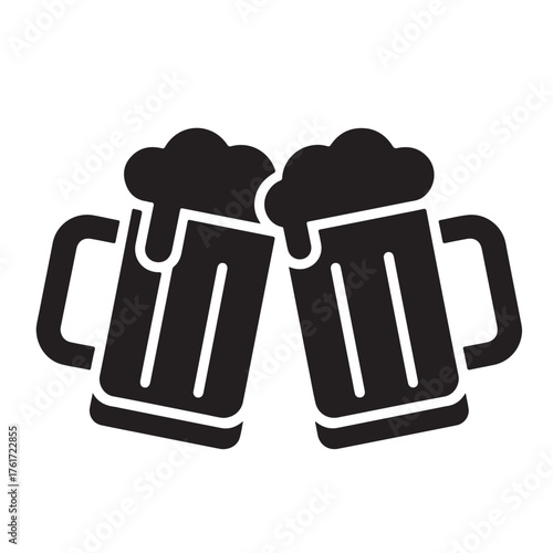 Two beer mugs clinking with foam in black silhouette