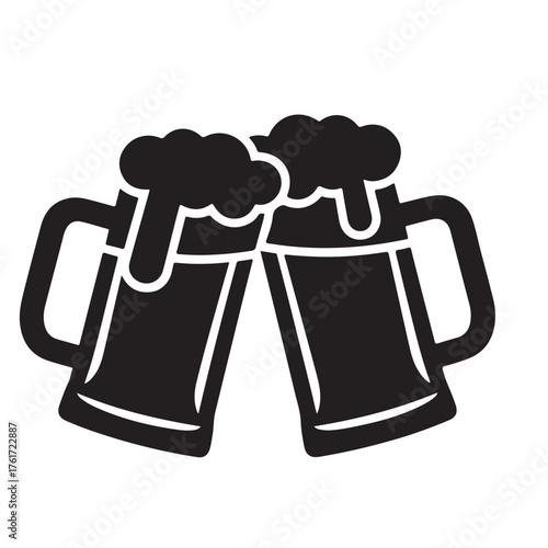 Two beer mugs clinking with foam in black silhouette