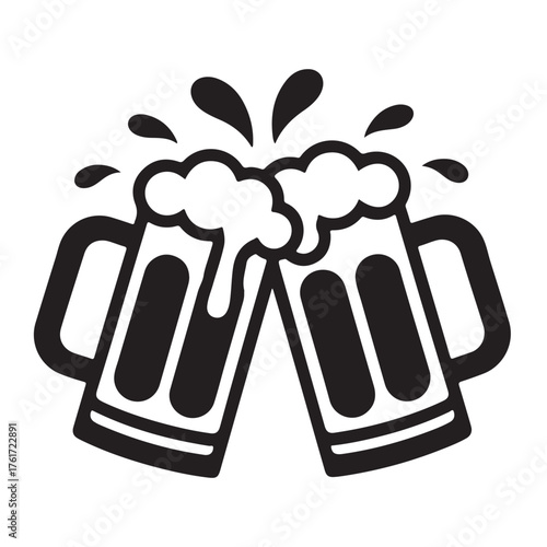 Two beer mugs clinking with foam in black silhouette