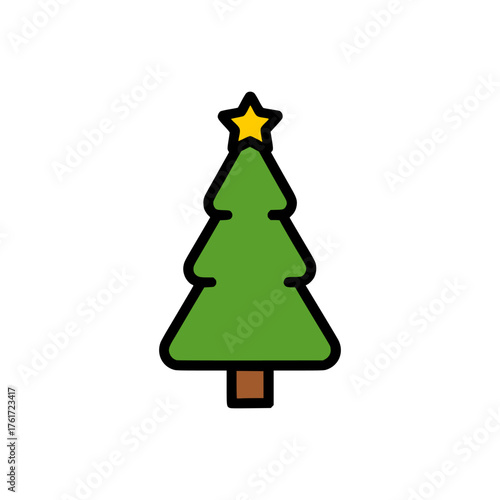 Simple Christmas tree illustration with green branches and yellow star topper, festive holiday icon on plain white background
