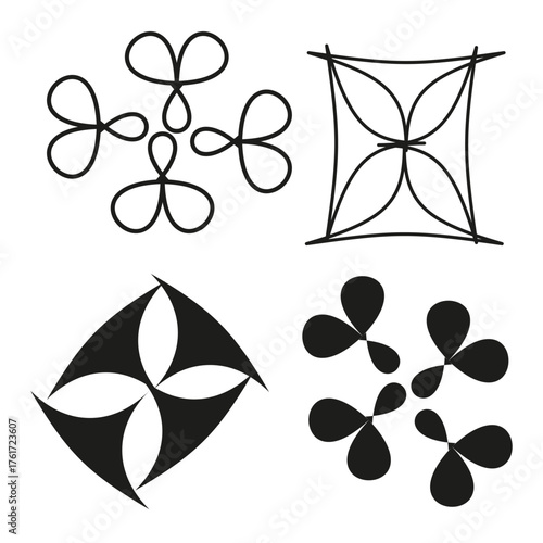 Abstract geometric shapes. Decorative line patterns. Four element Vector. Black white graphic set.