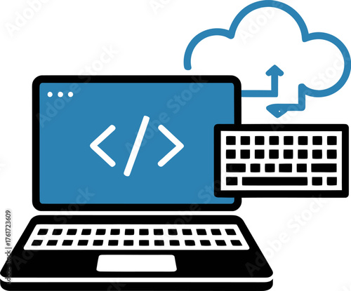 Laptop with code symbol and cloud computing vector illustration for software development on transparent background