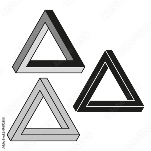 Penrose triangle shape. Impossible geometric figure. Three dimensional Vector. Optical illusion object.