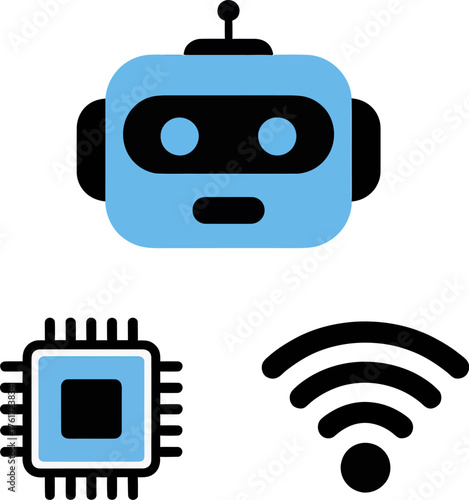 Set of AI technology icons including robot chip and wifi signal simple flat vector design element for web and mobile apps on transparent background