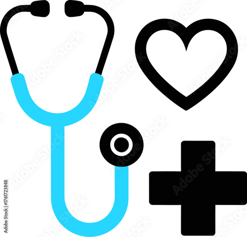 Medical icon set with stethoscope heart and plus sign simple flat vector illustration for healthcare and medical design on transparent background
