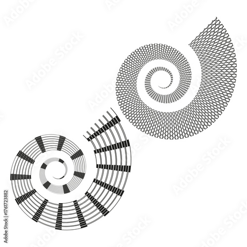 Spiral radial pattern. Abstract circle segments. Optical motion Vector. Black white graphic.