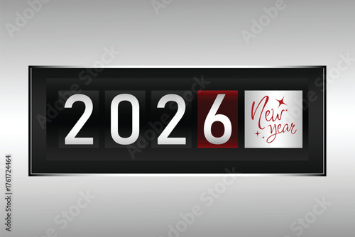 Vector art of digital counter displaying the year 2026 with a new year message, isolated on a gradient background