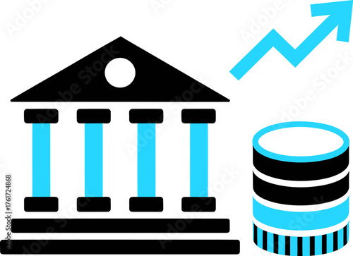 Bank building icon with an upward trending arrow and stack of coins vector illustration for finance and investment concepts isolated on white on transparent background
