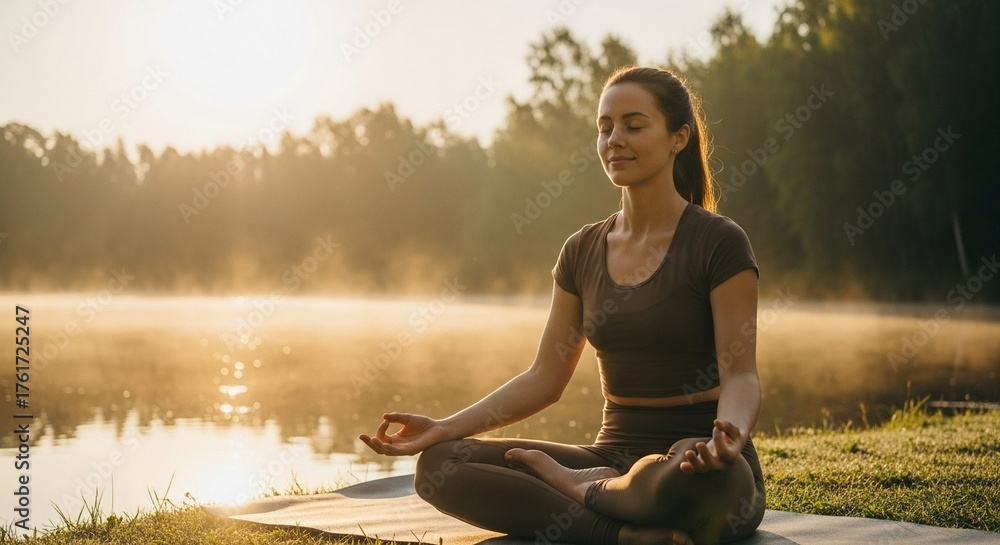 Fototapeta premium Outdoor yoga by the lake peaceful morning practice with calm water and soft sunrise light