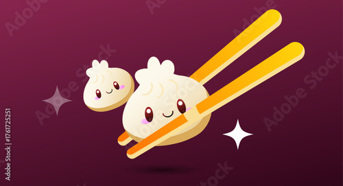 Charming flat vector of a smiling dumpling being held by chopsticks in a kawaii style. Ideal for restaurant branding, posters, or packaging design.