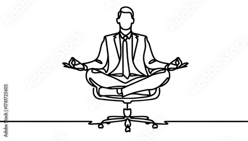 Bussinesman in meditative pose an office chair single line vector on transparent background, one line vector for HR, social impact, branding, or emotional design concepts.