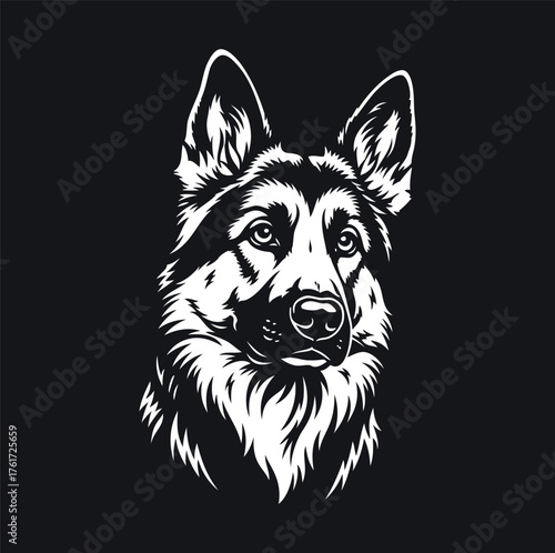 German Shepherd Dog Head Vector Portrait. White on Black Monochromatic Illustration for Logo, T-shirt Print or Tattoo Design