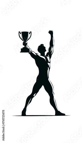 Person holding winner’s cup in victory pose single line drawing vector on transparent background for HR, social impact, branding, or emotional design concepts