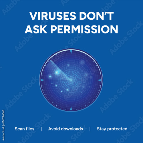 Vector art of viruses dont ask permission, scan files, avoid downloads and stay protected with antivirus software to protect your computer