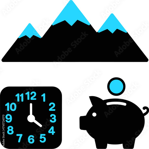 Time is money concept illustration featuring a clock piggy bank and mountains presented in a minimalist flat vector style on transparent background