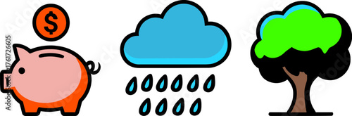 Piggy bank with coin rain cloud and tree icons simple flat vector illustration on transparent background for finance and weather concepts